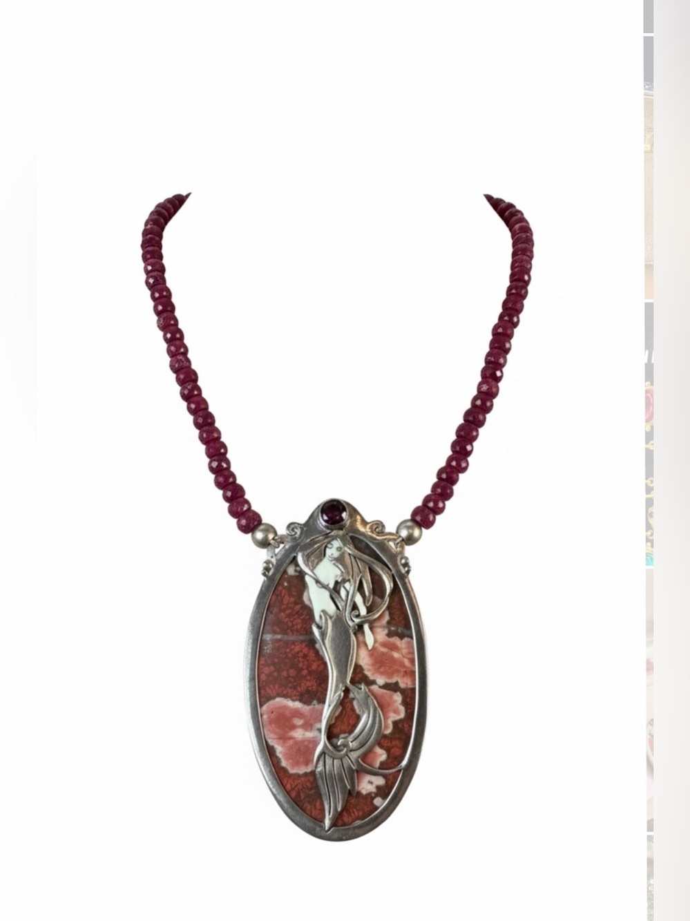 Elegant Silver sterling mermaid and ruby Beaded Necklace